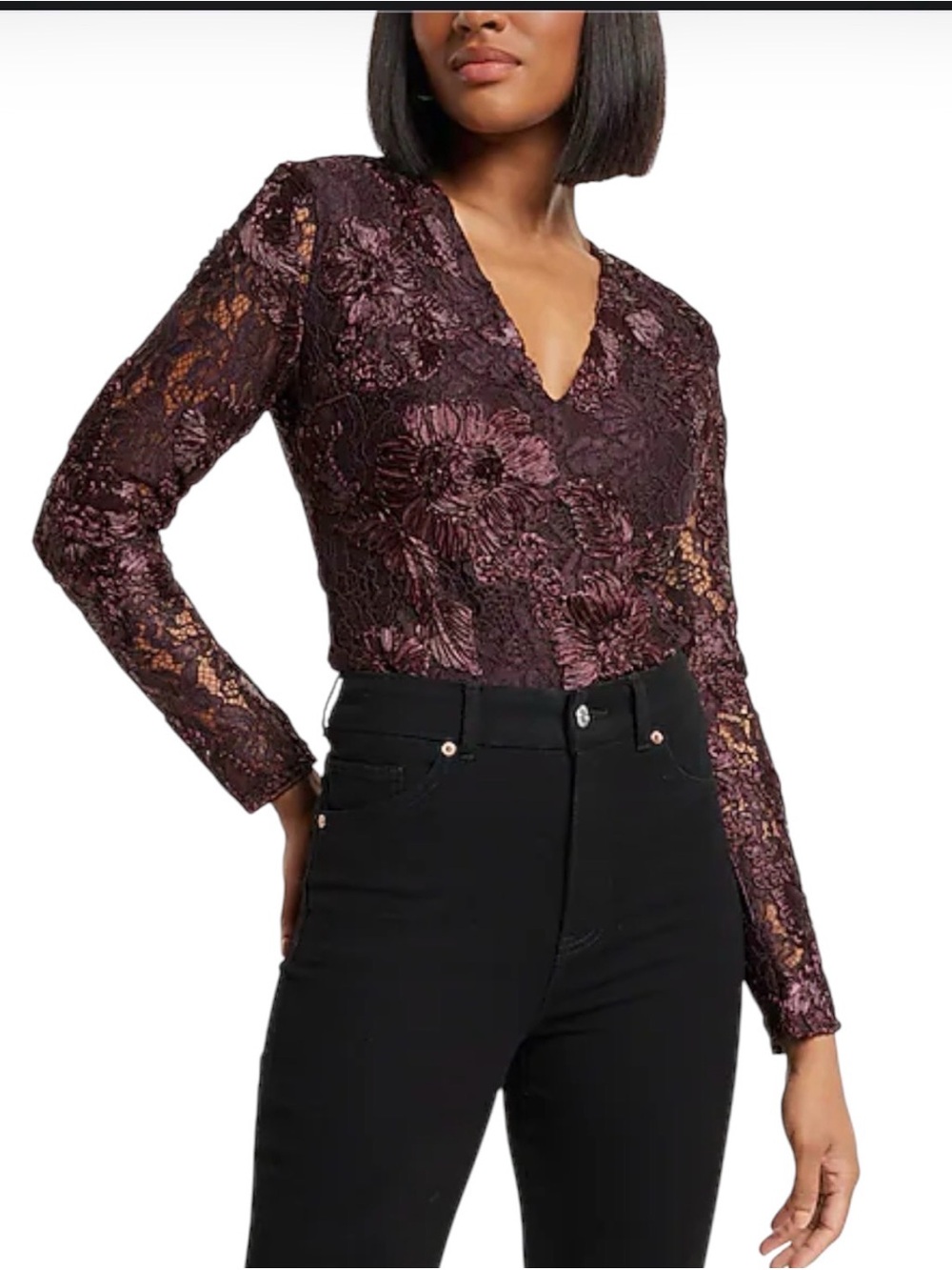 NWT Express Medium Floral Lace Embroidered V-Neck Long Sleeve Bodysuit Plum⁠